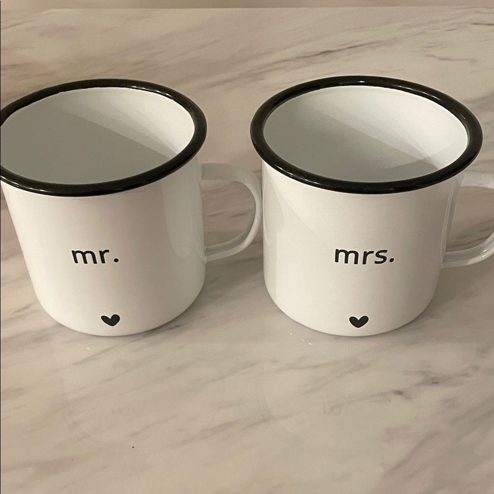 White Mr. and Mrs. Enamel Mugs - new!